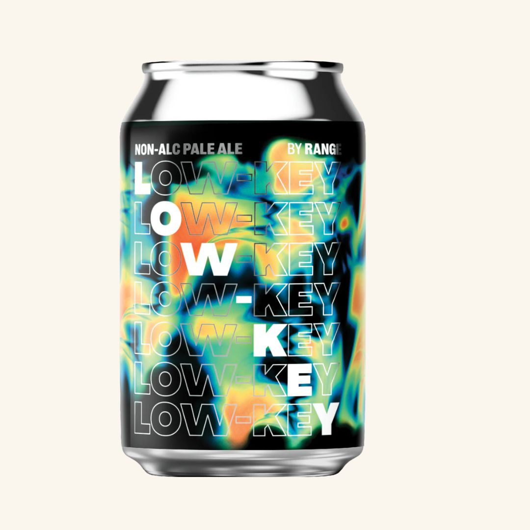 Can of non-alcoholic pale ale with 'LOW KEY' branding on a white background