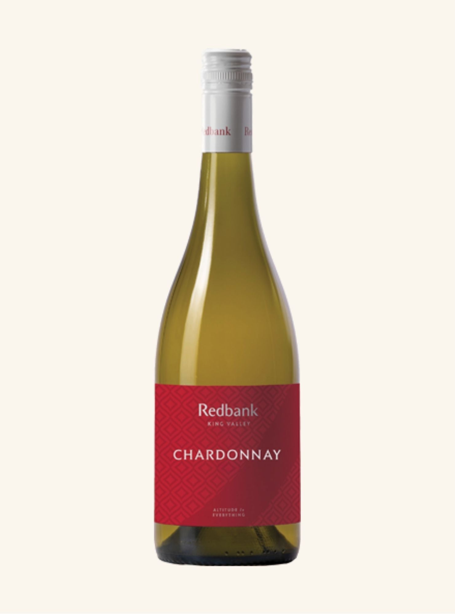 Bottle of Redbank Chardonnay wine with a red label on a white background