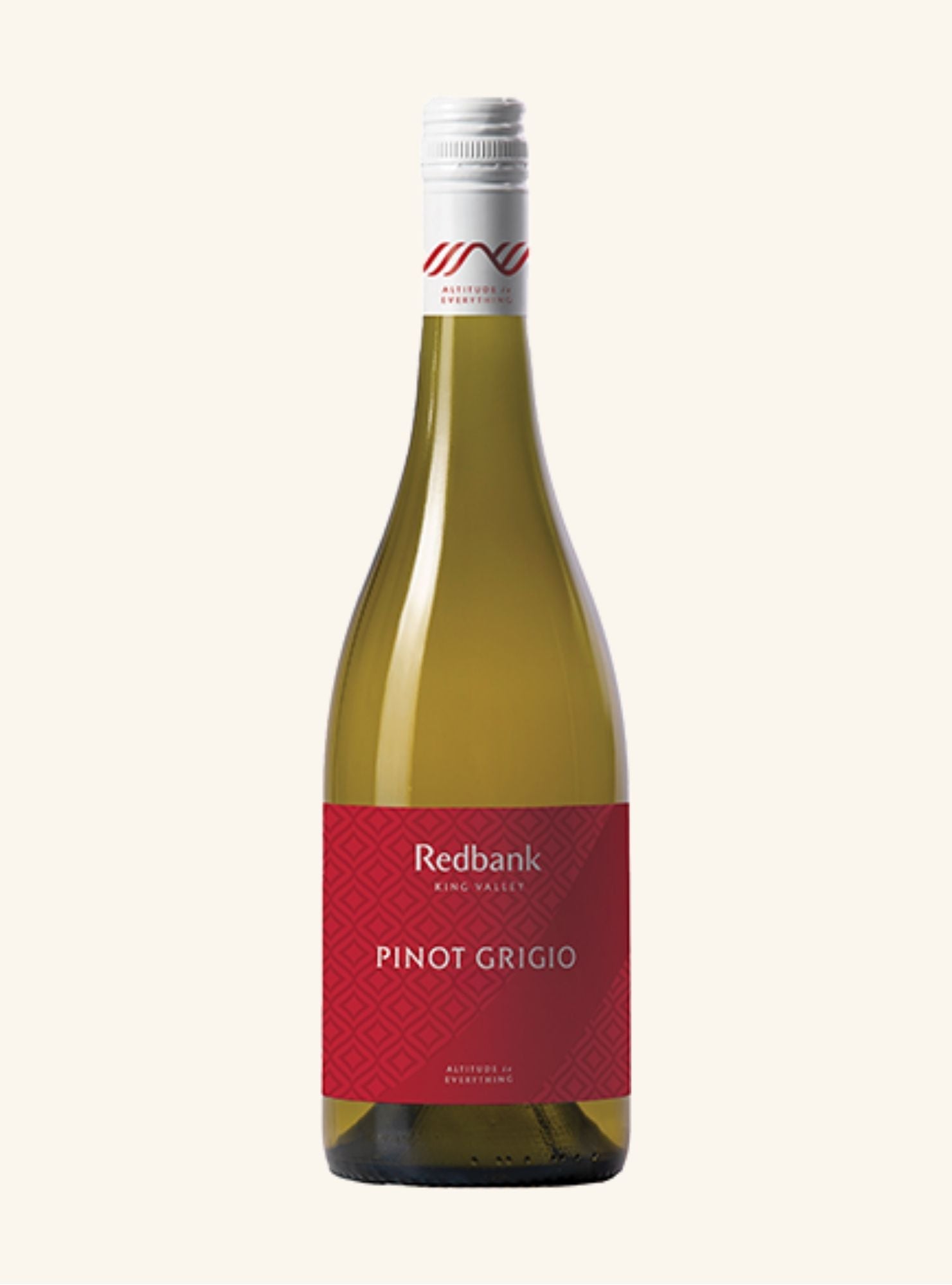 Bottle of Redbank Pinot Grigio wine with a red label on a white background
