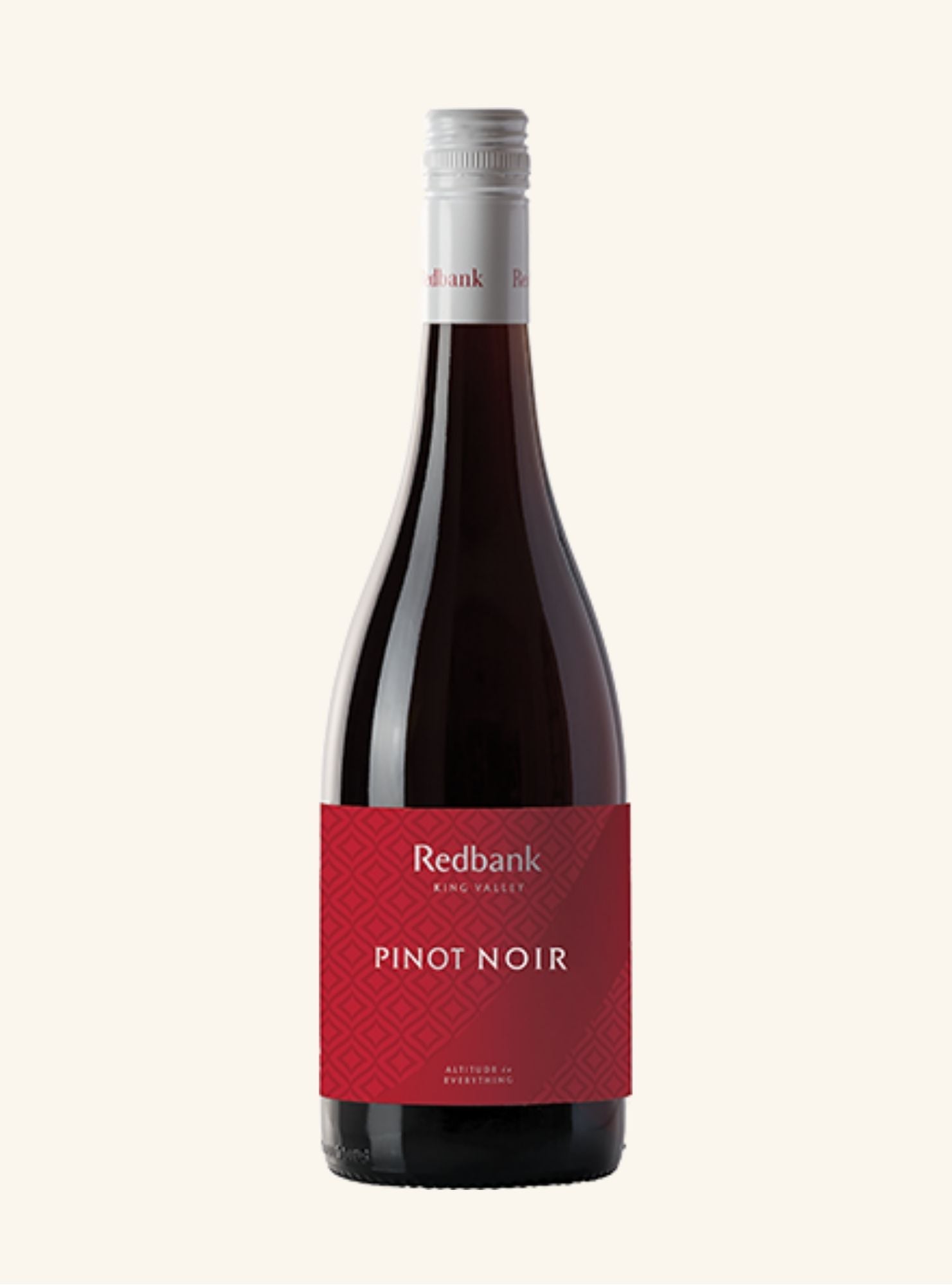 Redbank Pinot Noir wine bottle with a red label on a white background
