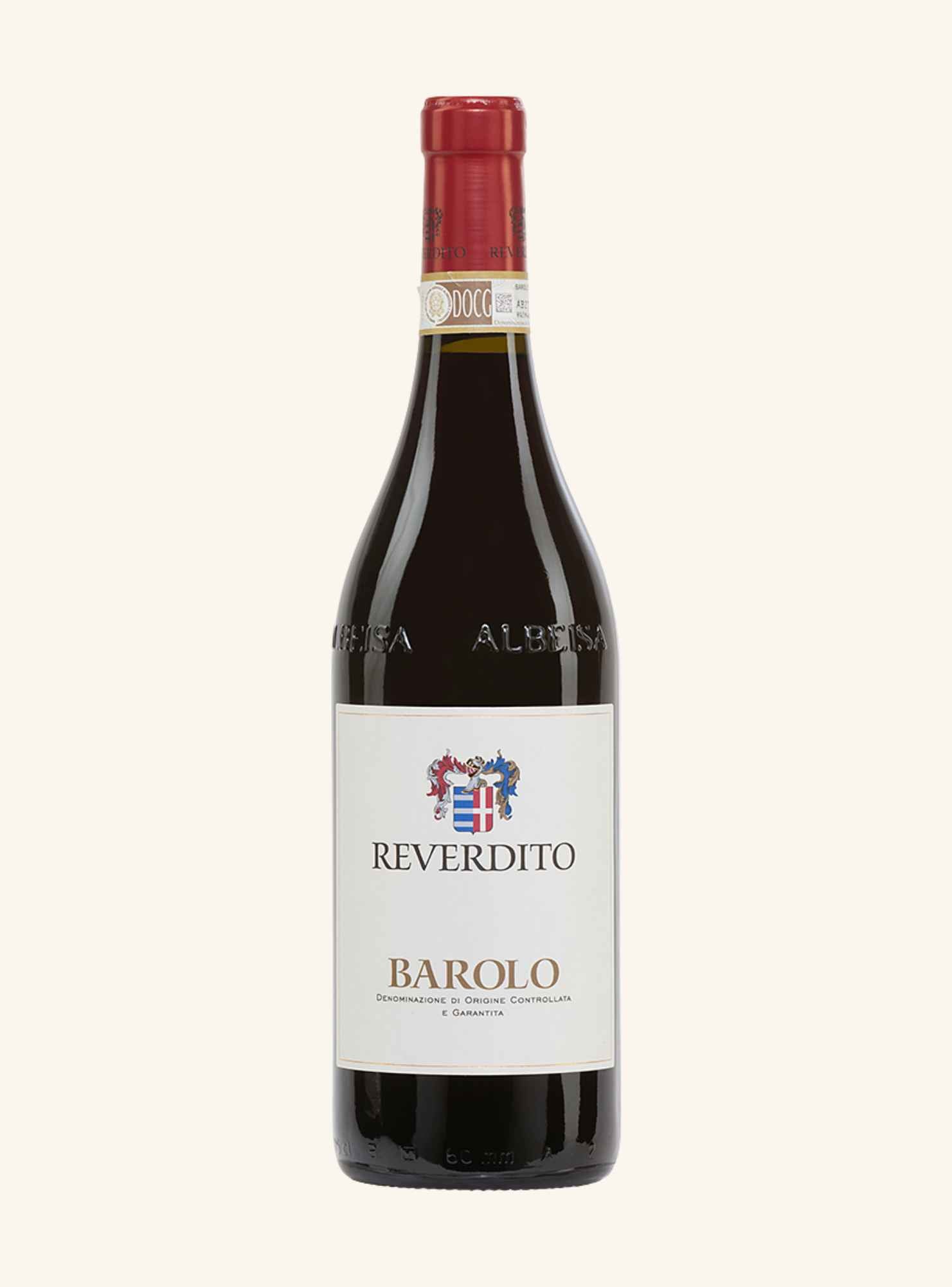 A bottle of Reverdito Barolo red wine with a white label and a red foil cap, set against a solid off-white background.