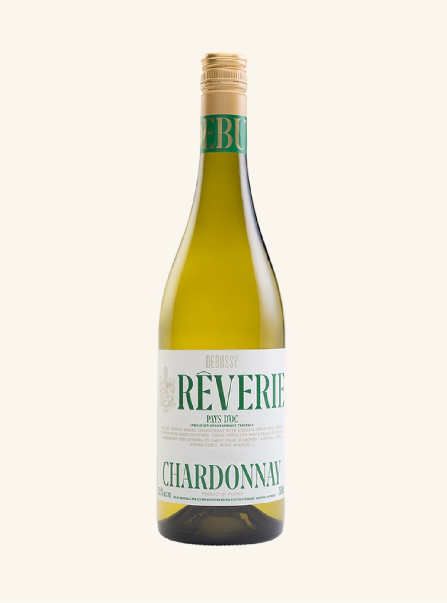Bottle of Reverie Chardonnay wine on a white background