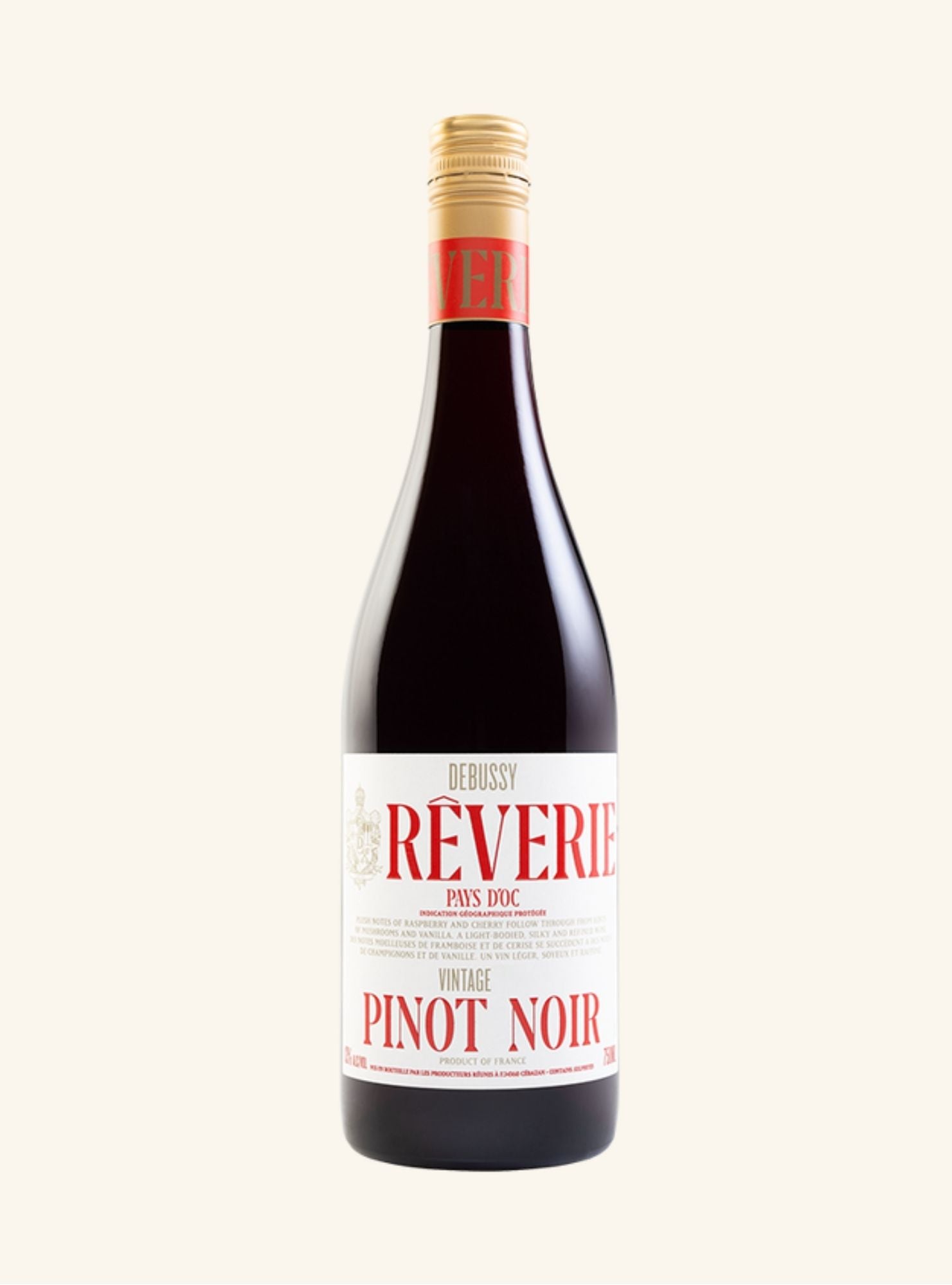 Bottle of Reverie Pinot Noir wine on a white background