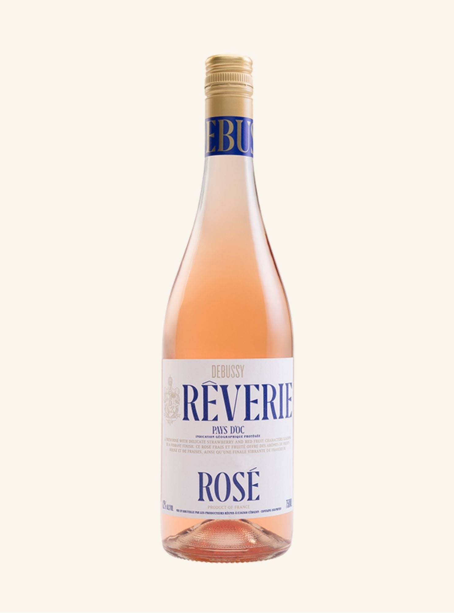 Bottle of Reverie Rose wine on a white background