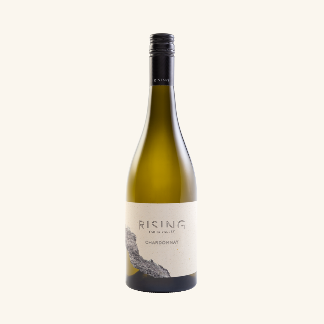 A bottle of Rising Chardonnay wine with a label that includes the brand name and 'Chardonnay' variety, set against a plain background.