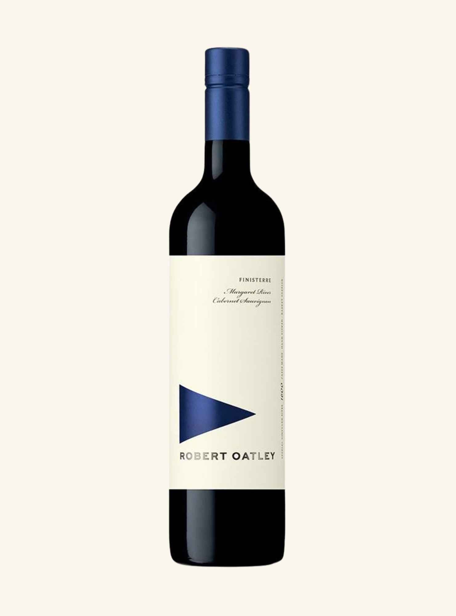 A bottle of Robert Oatley Cabernet Sauvignon from the Margaret River, featuring a dark glass bottle with a cream-colored label and a blue geometric logo, sealed with a blue foil cap.