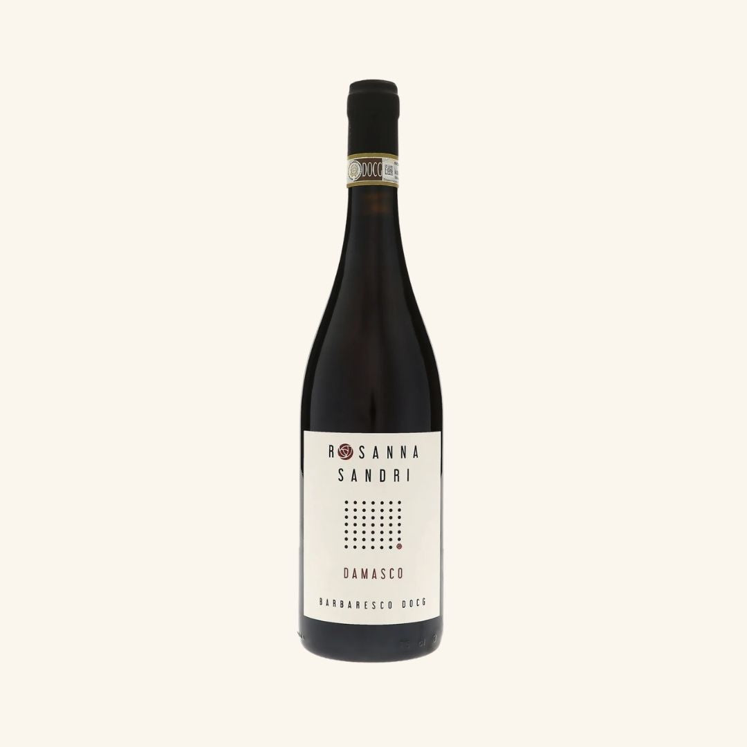 Wine bottle with a label branded rosanna snadri damasco barbaresco on a white background