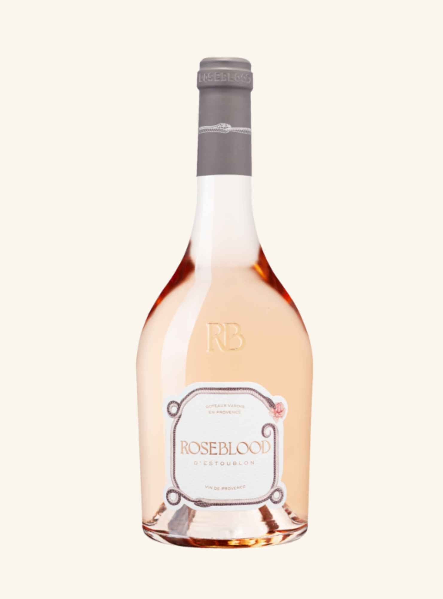 A bottle of Roseblood Rosé Red wine with pale pink liquid, a white and gold label, and a gray screw cap, centered on a light cream background.