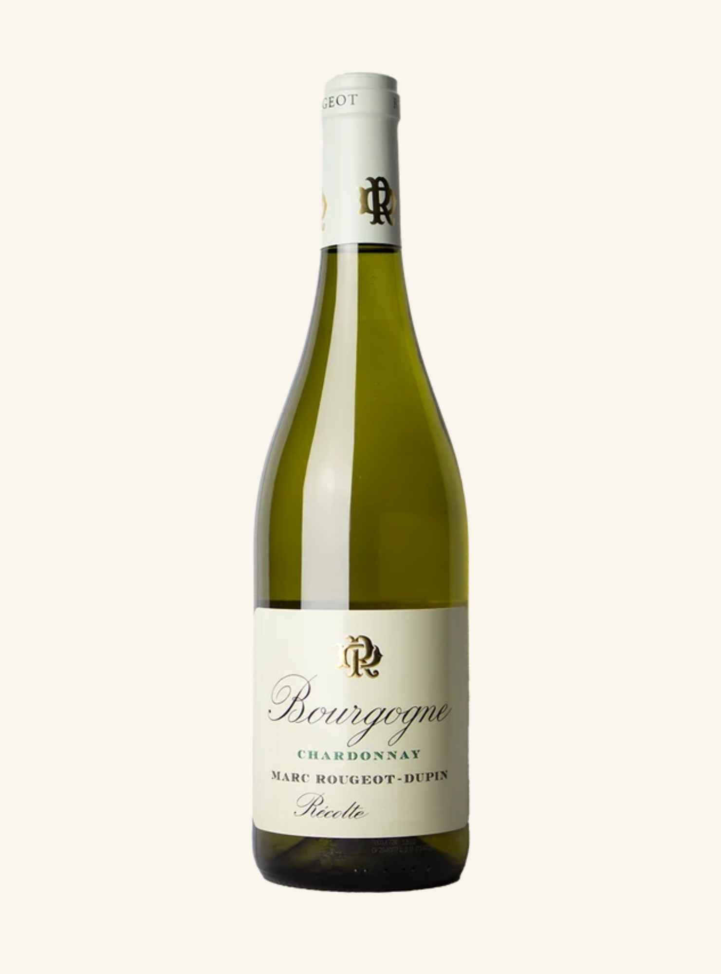 A bottle of Bourgogne Chardonnay wine by Marc rougeot-Dupin, featuring a dark green glass bottle, a white paper label with elegant gold and black script, and a white capsule cap, set against a solid off-white background.