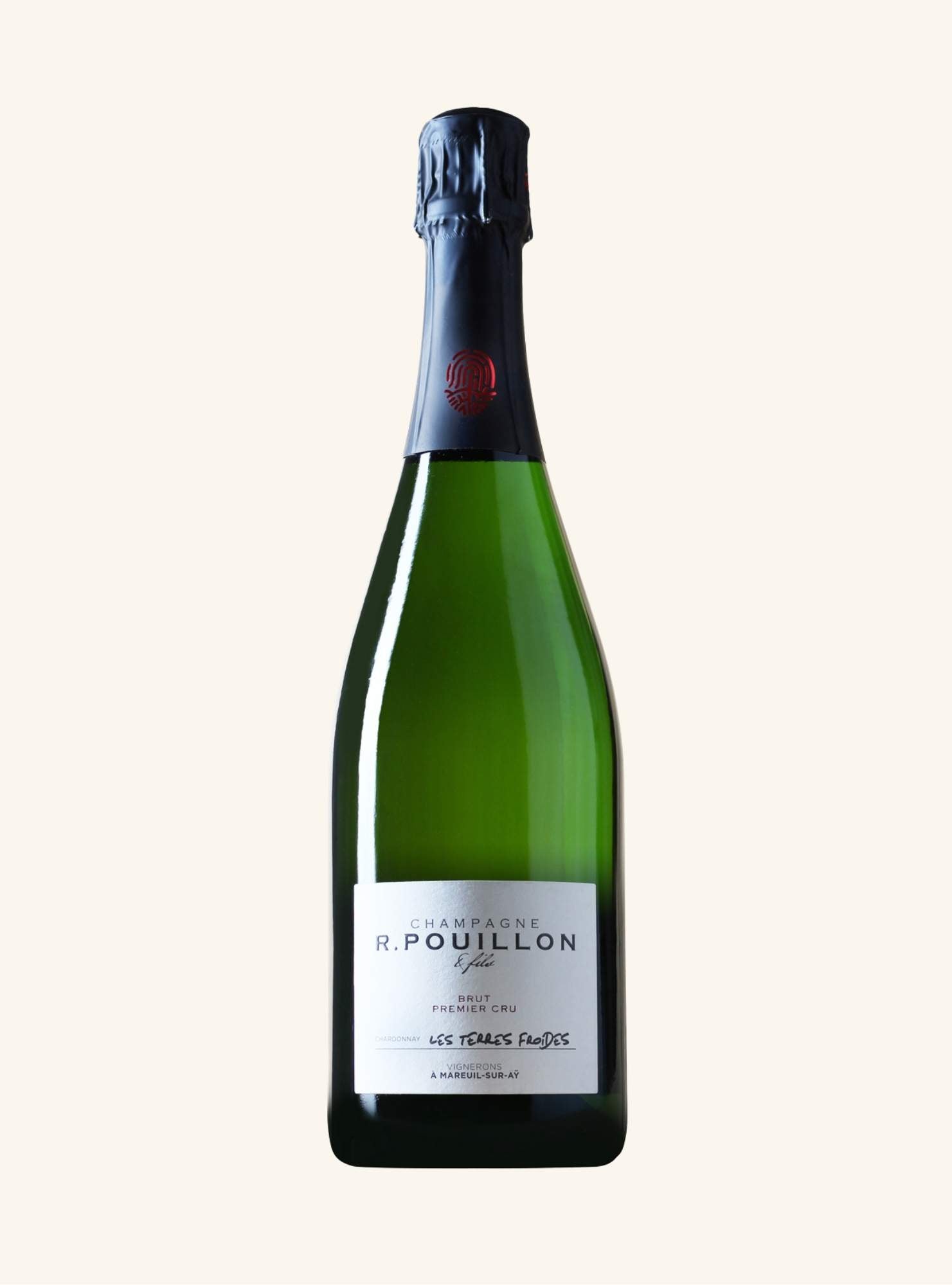 Green champagne bottle with black cap branded champagne r.pouillon premier cru on a white background