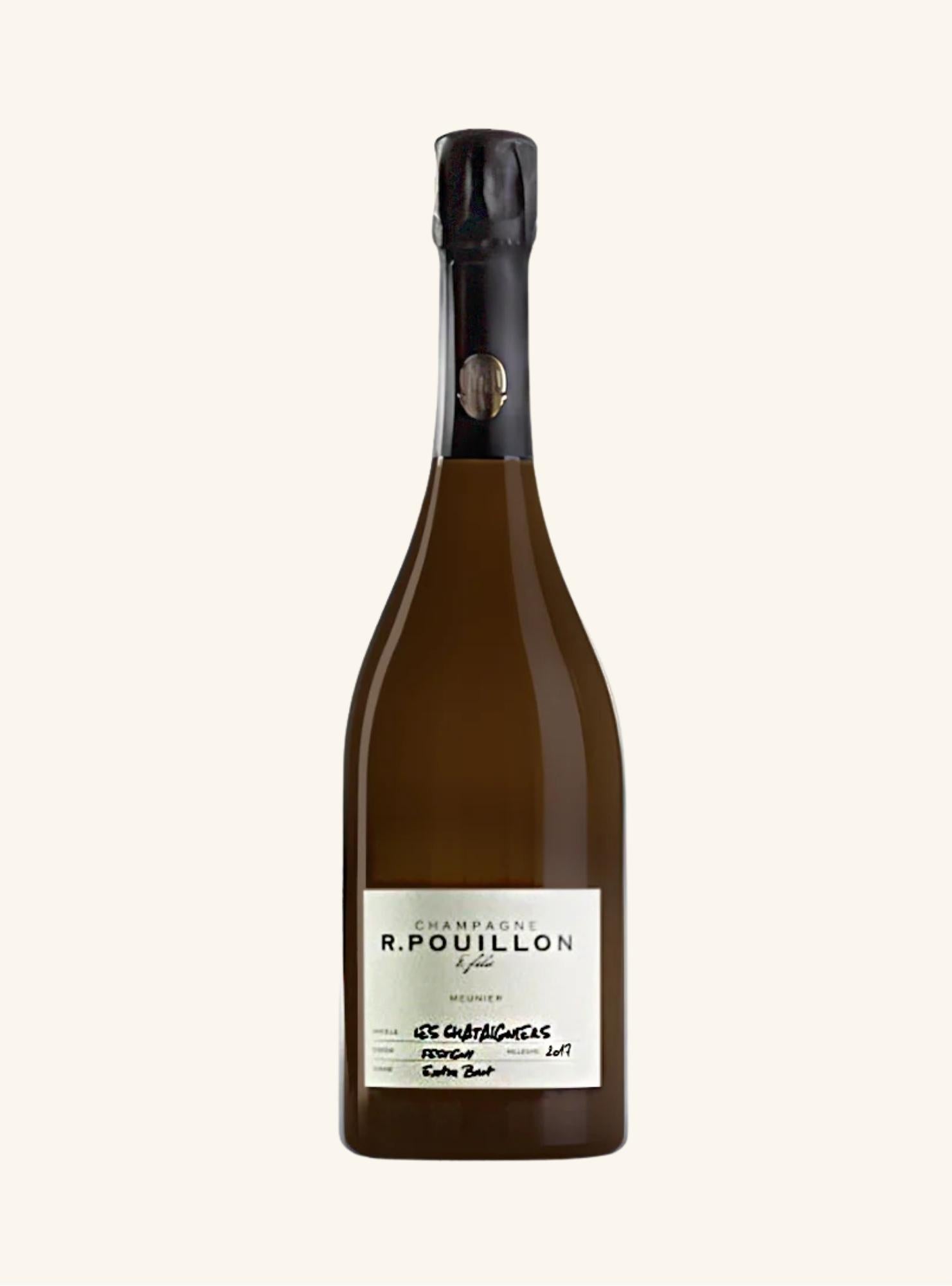 Bottle of R. Pouillon champagne on a white background