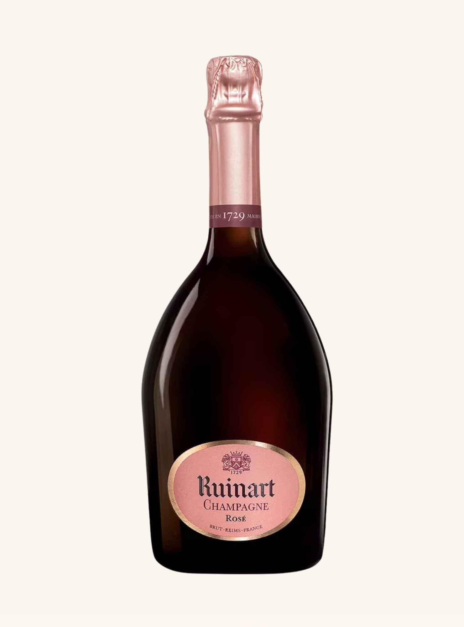 A bottle of Ruinart Champagne Rose with a dark glass body, pink foil, and a pink oval label, centered on a light cream background.