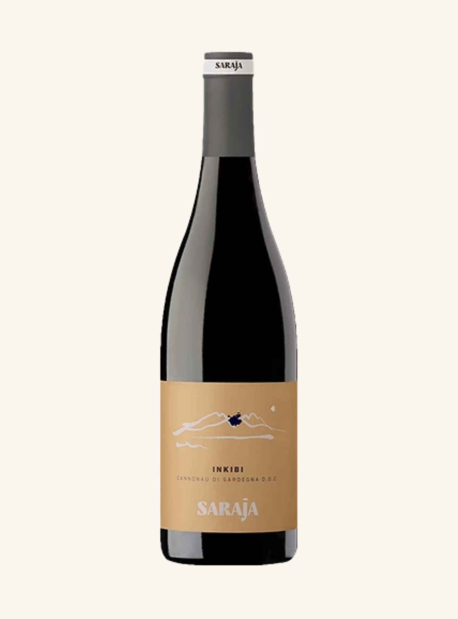 black bottle of wine branded saraja inkibi with a cream label all superimposed over a white background.
