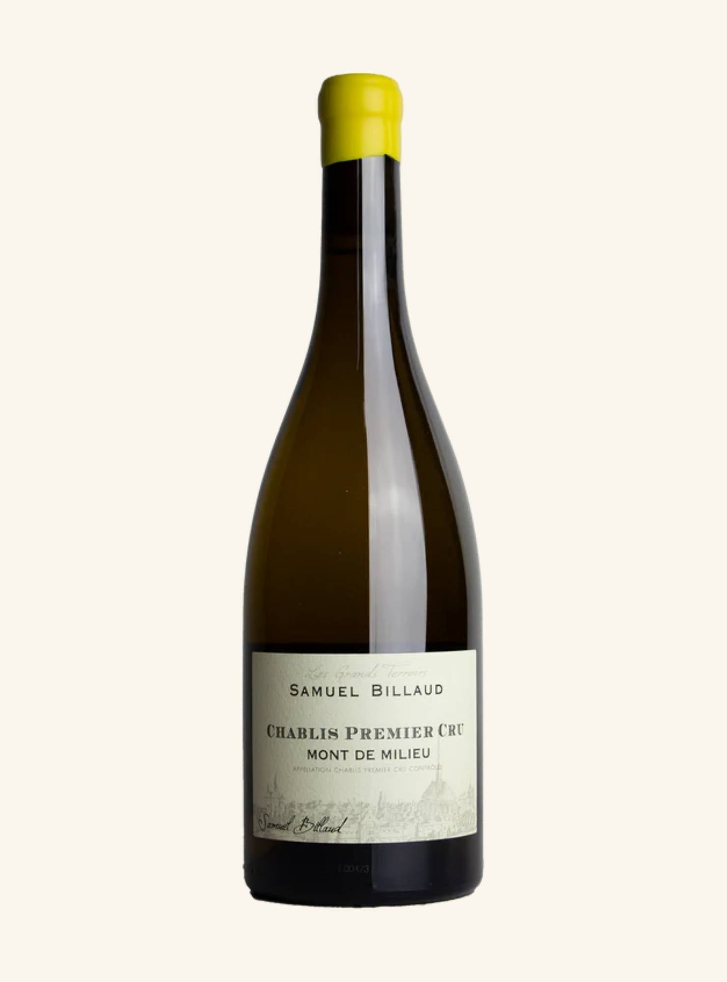 Wine bottle with a yellow cap labeled samuel billaud chablis premier cru mont de milieu on a white background