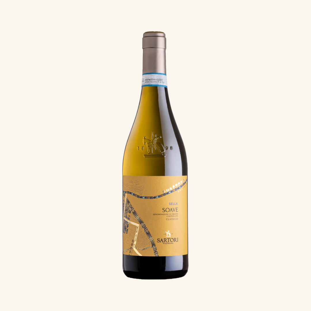 A bottle of Sartori Sella Soave Classico  white wine with a label that features the brand name and 'Soave'.