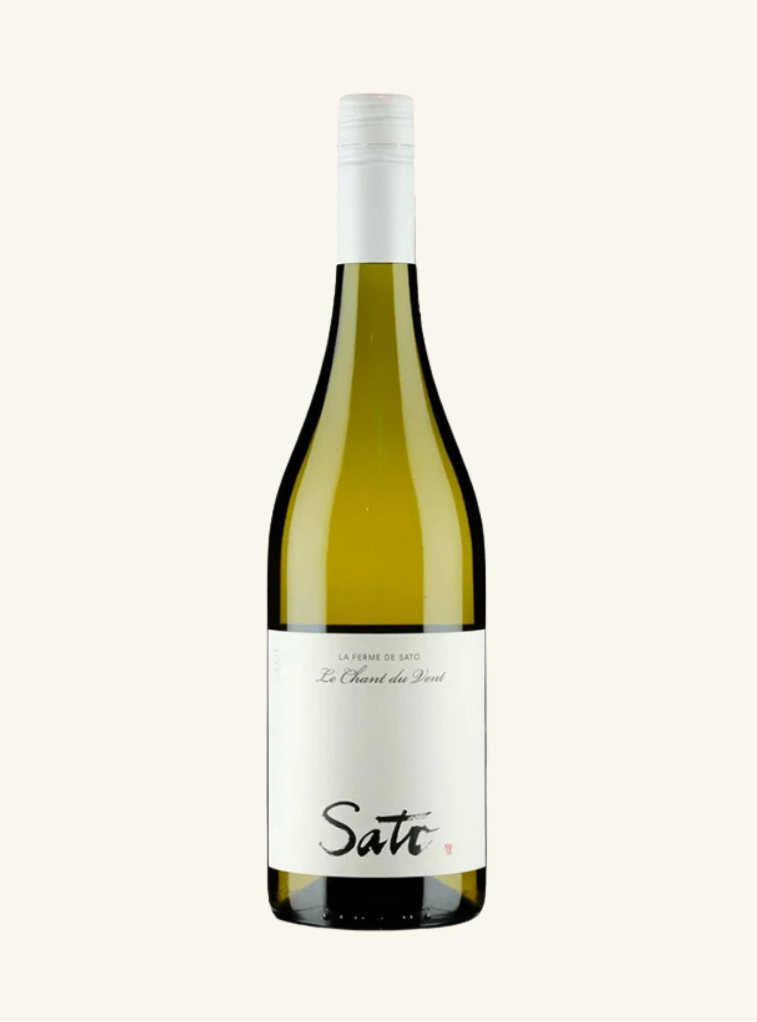 White Wine bottle with a white label on a light beige background