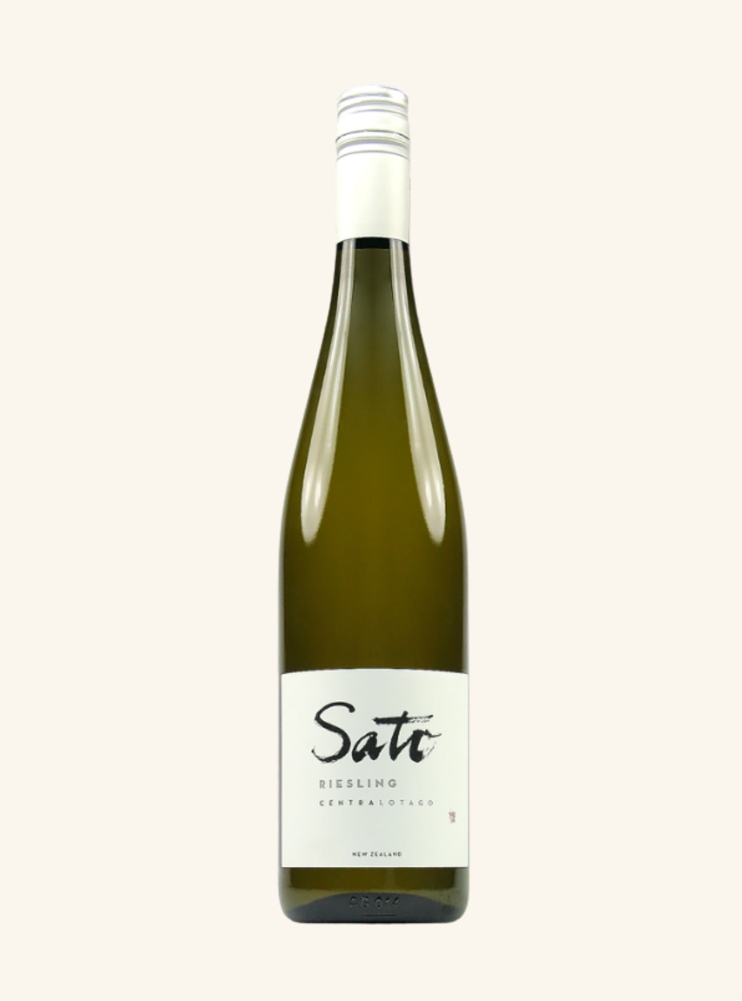 Riesling bottle with a white label with Sato written on it, on a light beige background 