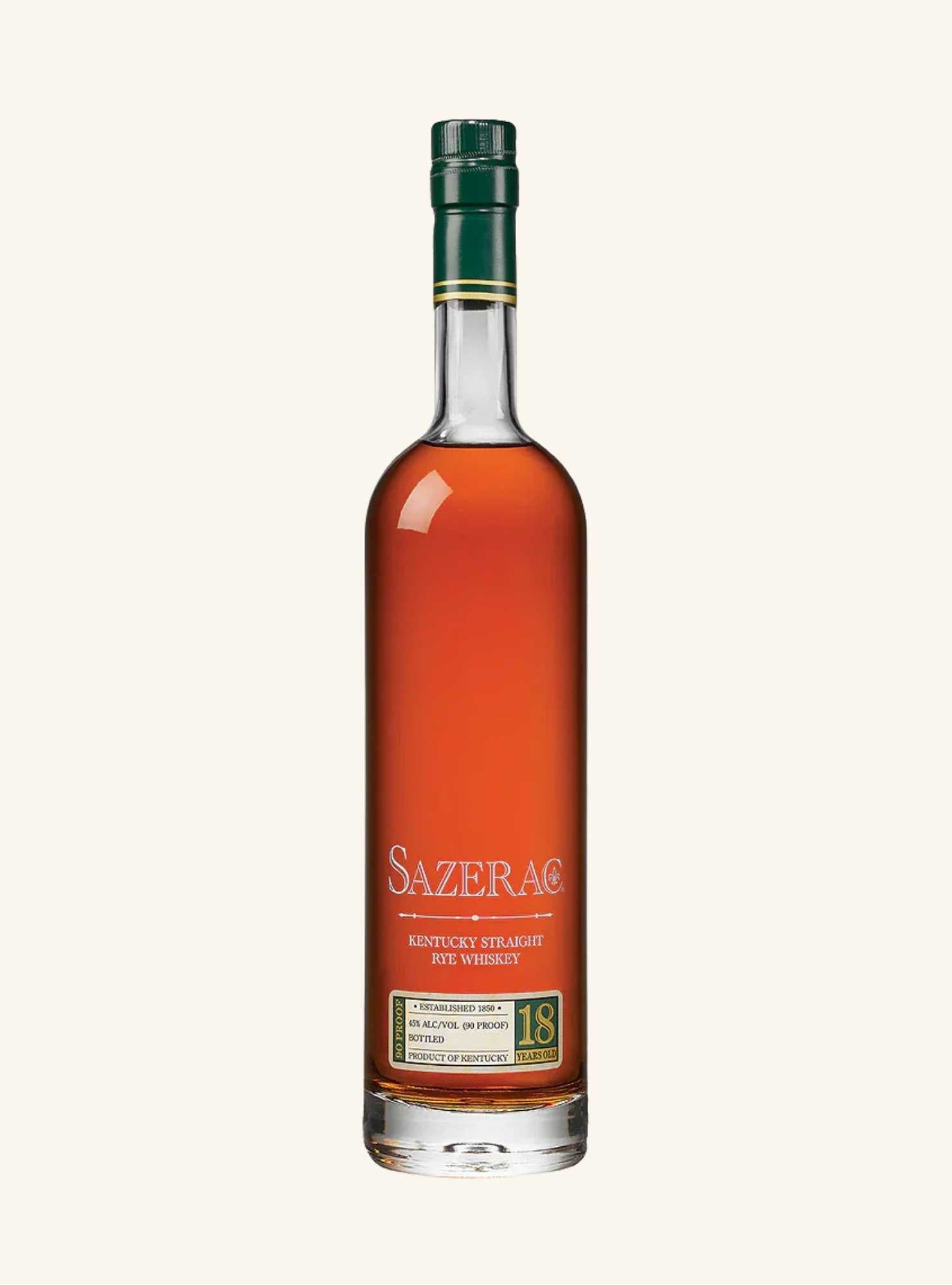 A bottle of Sazerac Kentucky Distilled Spirit Whiskey, 18 years old, showing the amber liquid inside a clear glass bottle with a green cap and label, set against a solid off-white background.
