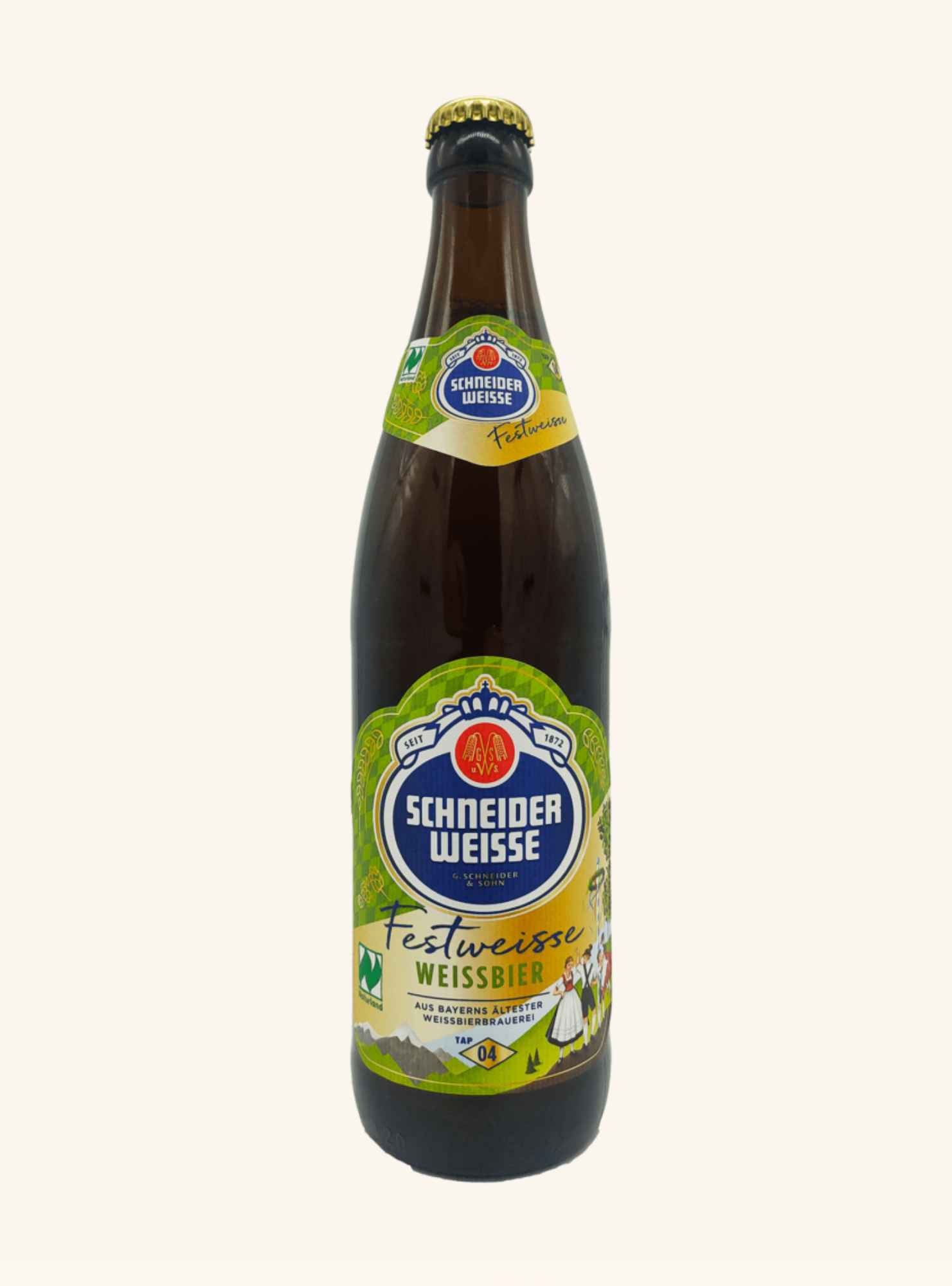 A single bottle of Schneider Weisse Festweisse Weissbier wheat beer, featuring a dark brown glass bottle with a green and blue label, set against a plain off-white background.