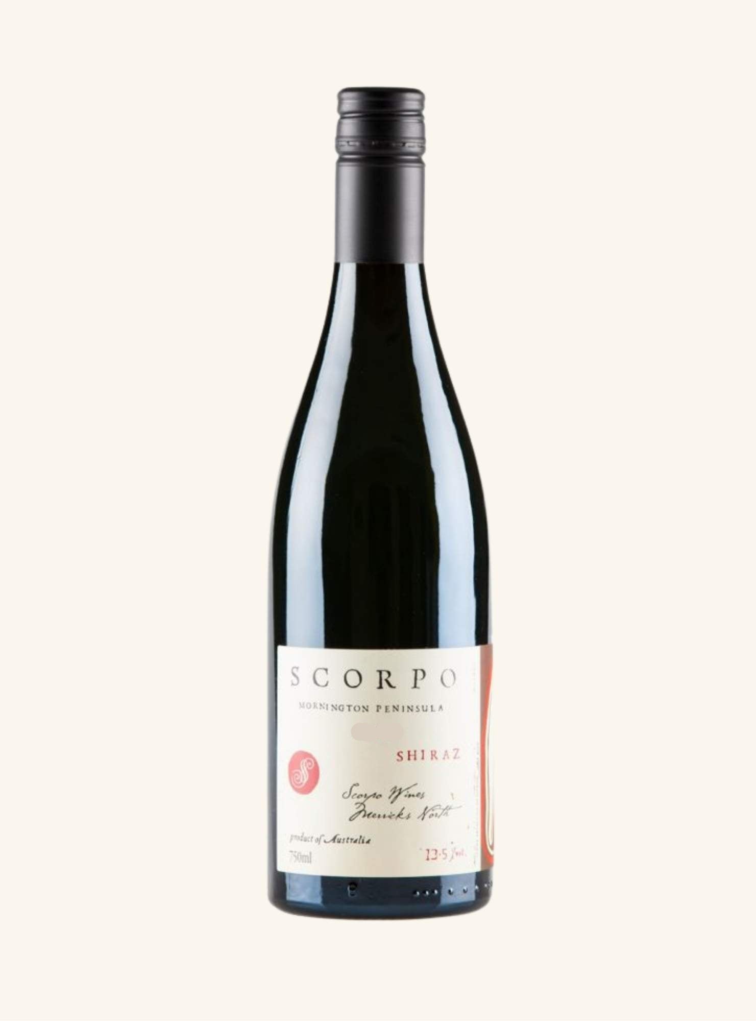 Wine bottle with a visible label branded Scorpo shiraz on a white background