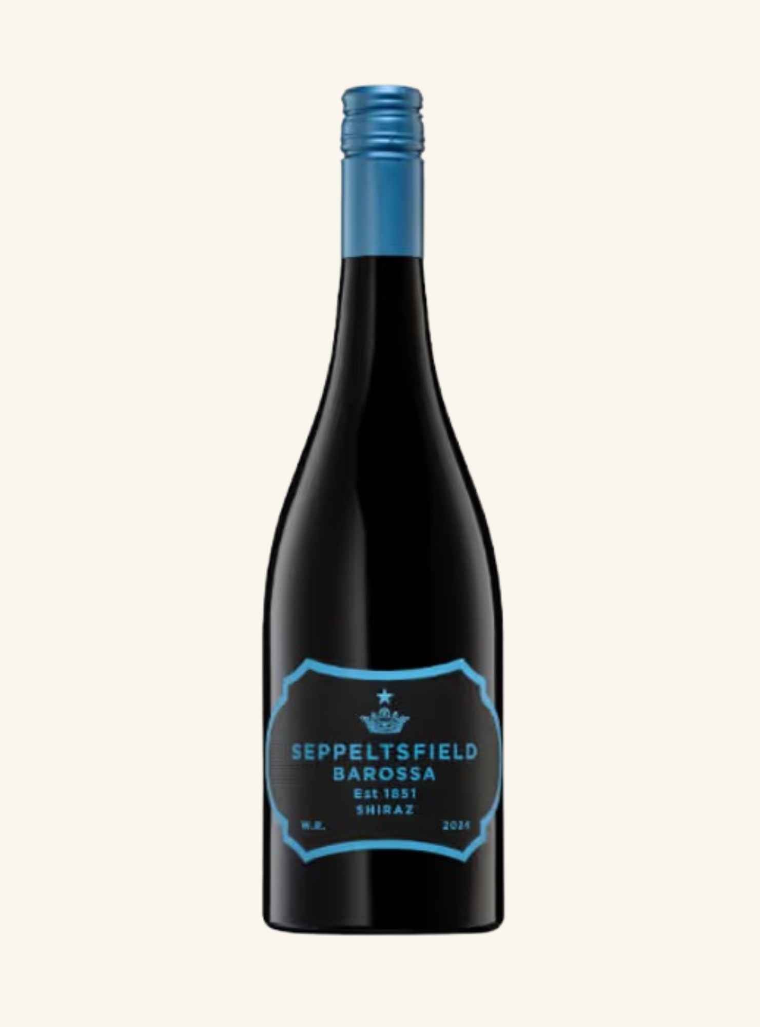 A bottle of Seppeltsfield Barossa Shiraz red wine, featuring a dark glass bottle with a metallic blue foil capsule at the neck and a matching blue label on the front, set against a solid off-white background.