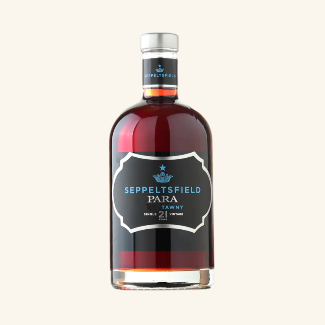 A bottle of Seppeltsfield Para 21yo Tawny Port wine with a dark label and a clear glass texture.