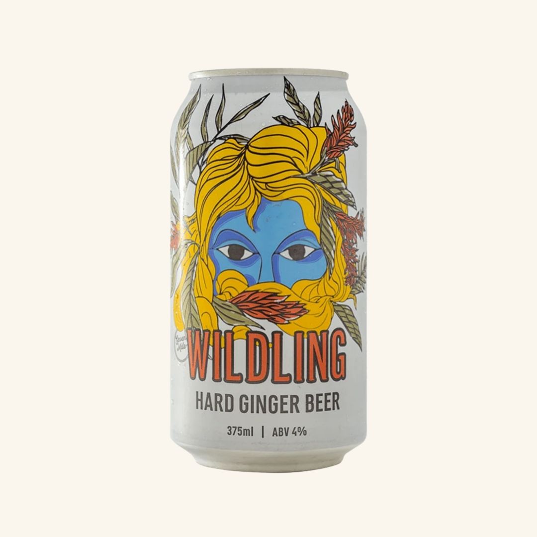 Can of Wildling Hard Ginger Beer with artistic design on a white background