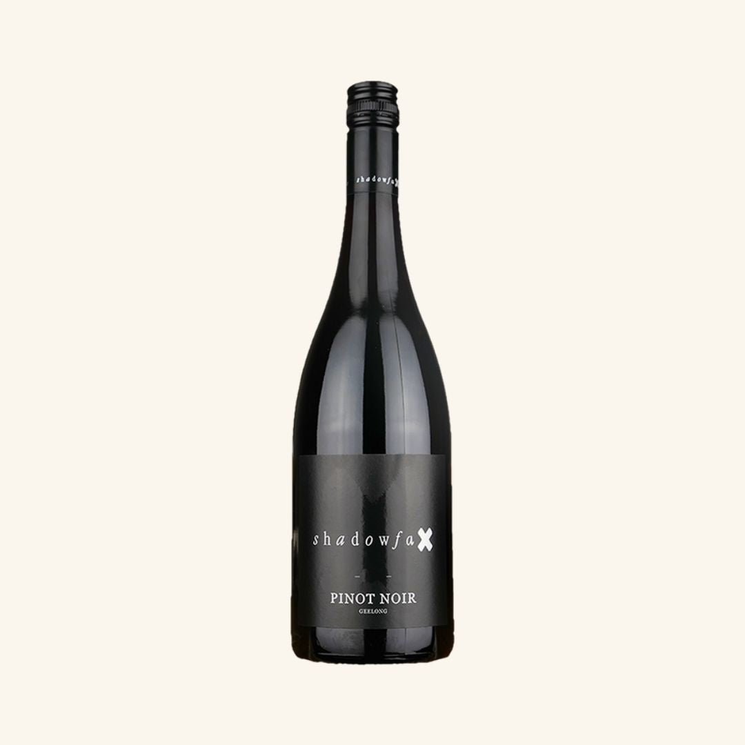 Wine bottle labeled 'shadowfax geelong Pinot Noir' on a white background