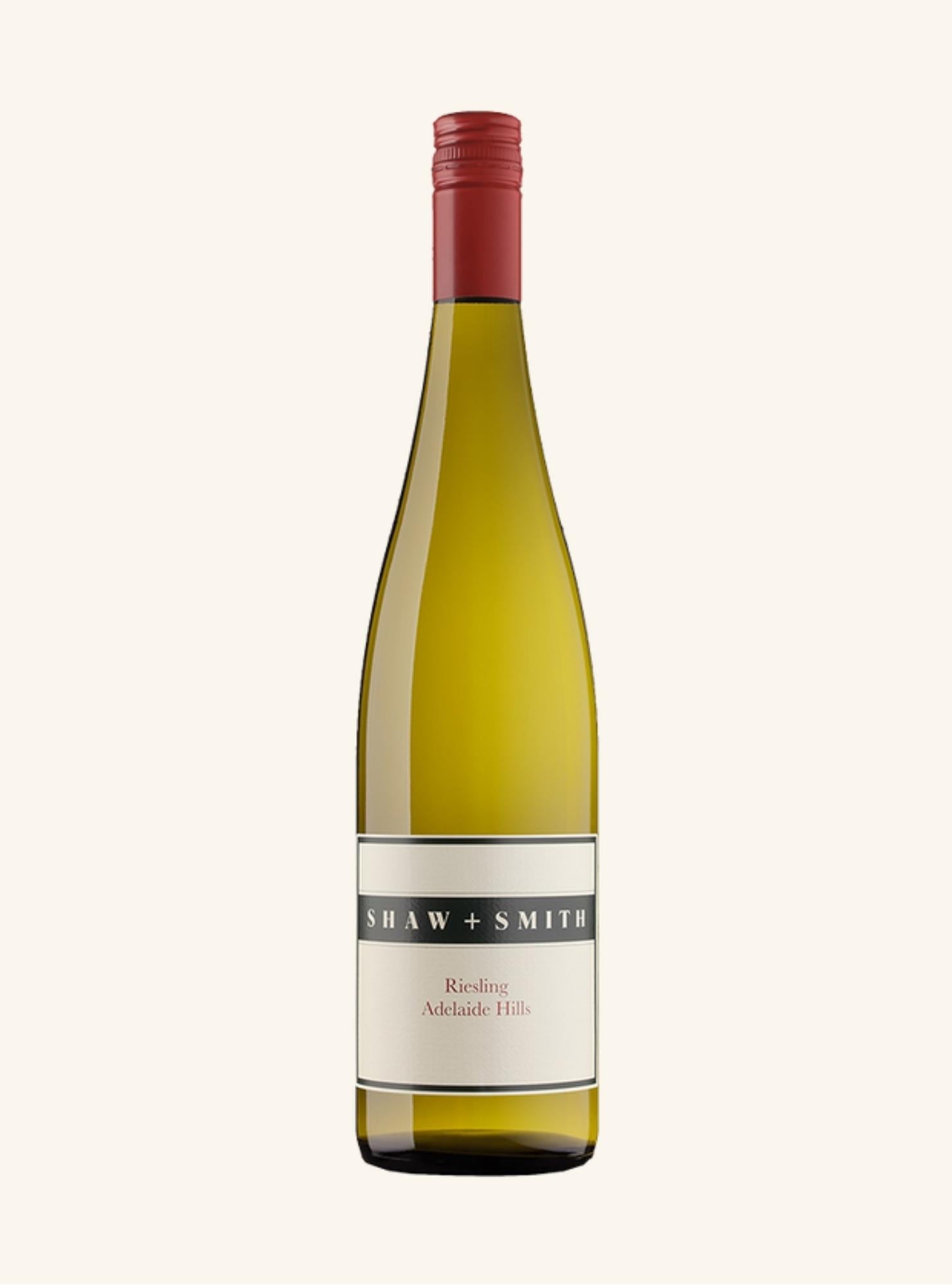 Wine bottle with red cap and white label with shaw + smith riesling branding on a white background