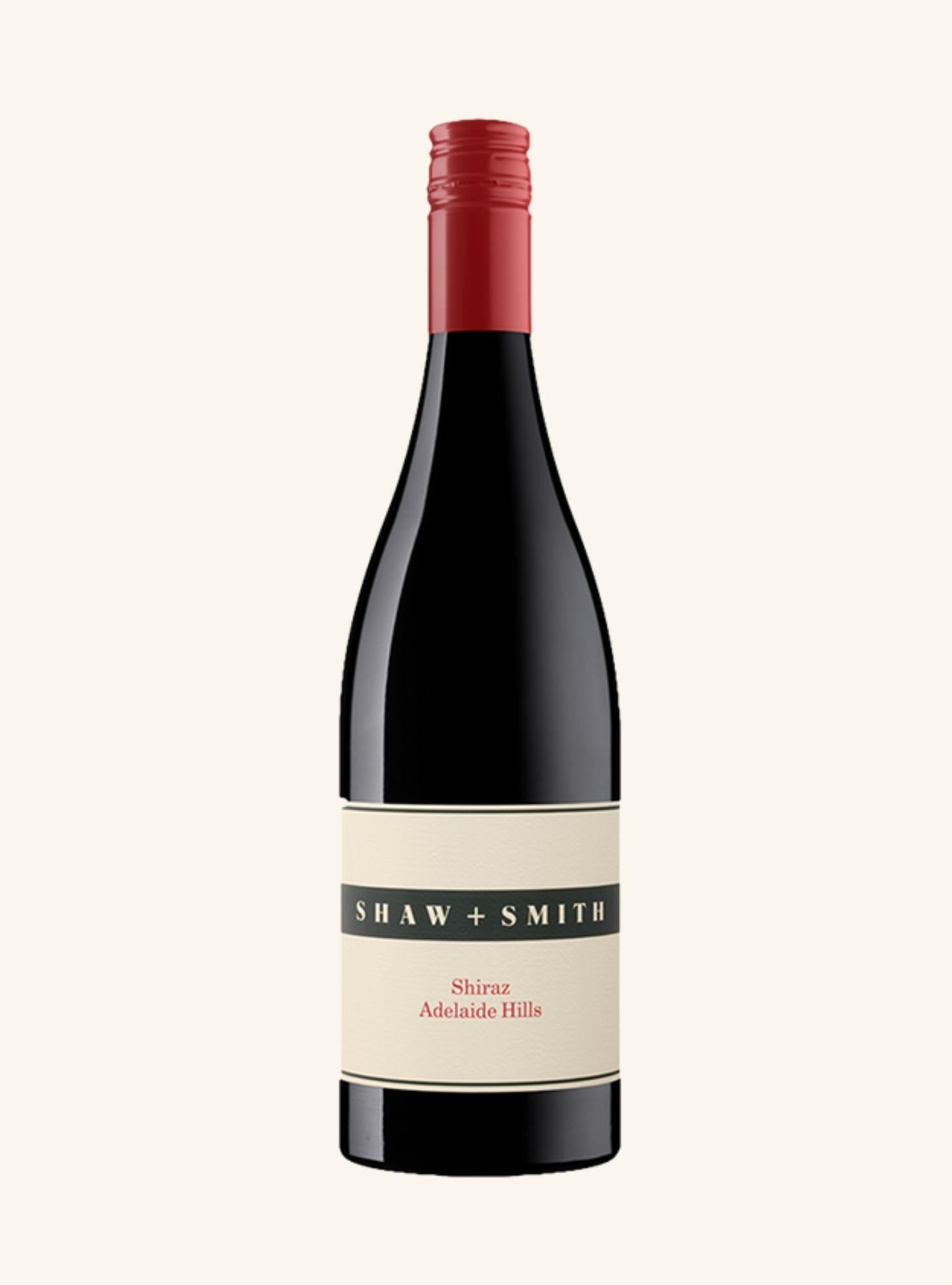 Wine bottle with red cap and 'Shaw + Smith shiraz adelaide hills' label on a white background