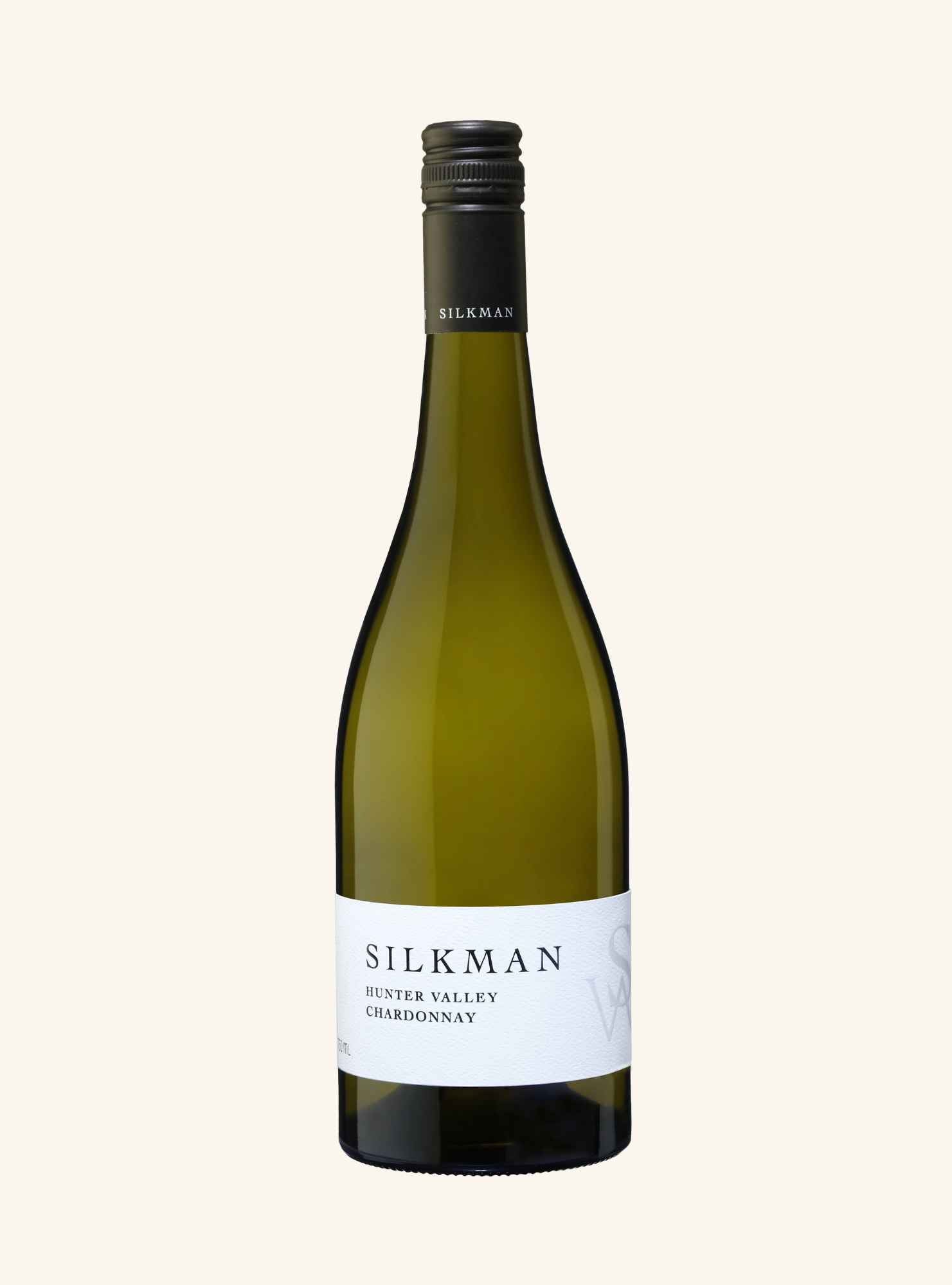 A bottle of Silkman Hunter Valley Chardonnay white wine, featuring a dark green glass bottle, a black screw cap, and a white label with black text, set against a solid off-white background.