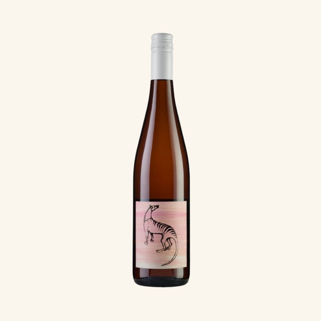 Wine bottle with a pink label featuring a tassie tiger on a white background