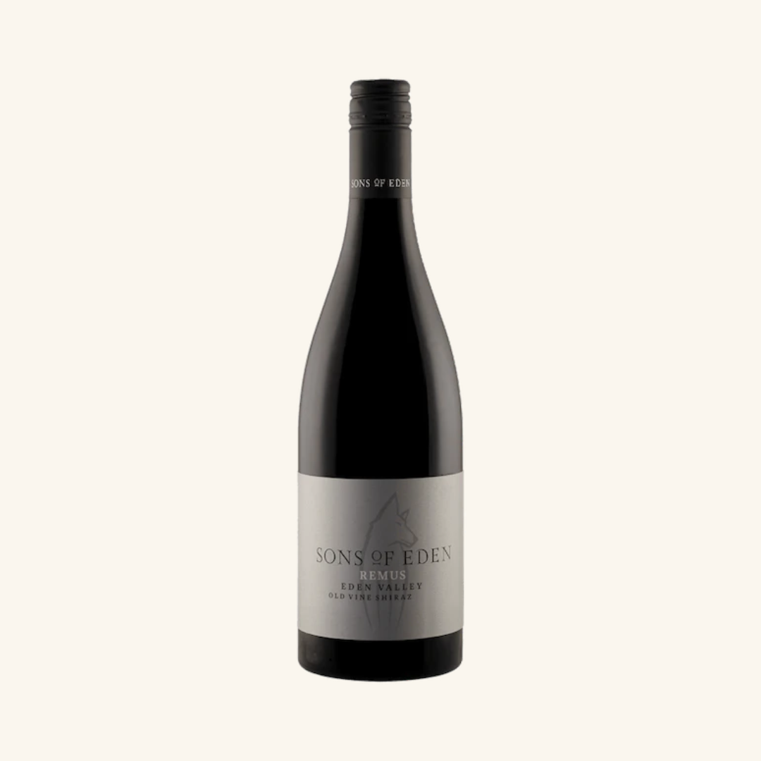 A bottle of Sons of Eden Remus Old Vine Shiraz with a dark label and a graphic of a wolf on the front.