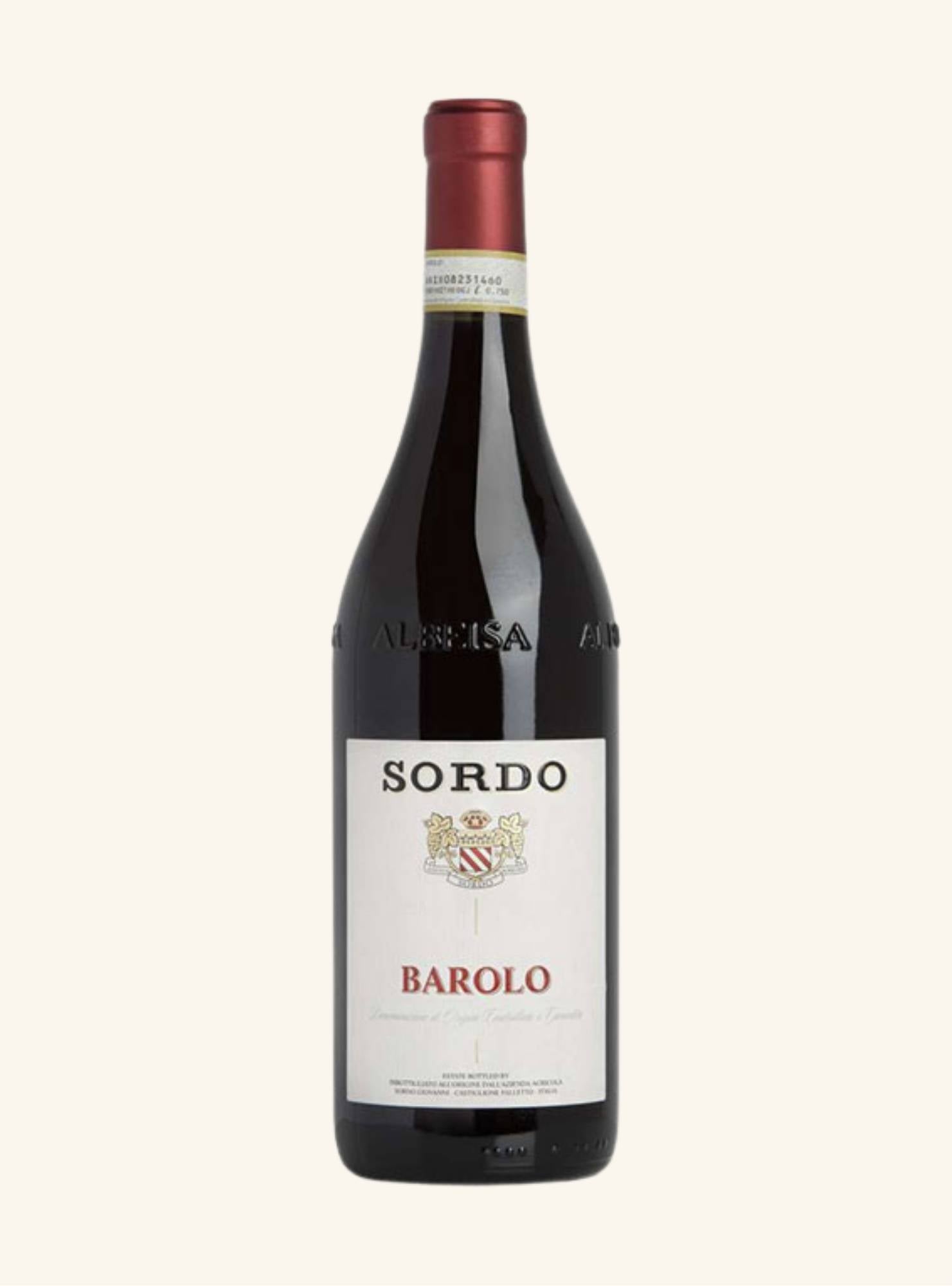 Red wine bottle with 'Sordo Barolo' label on a white background