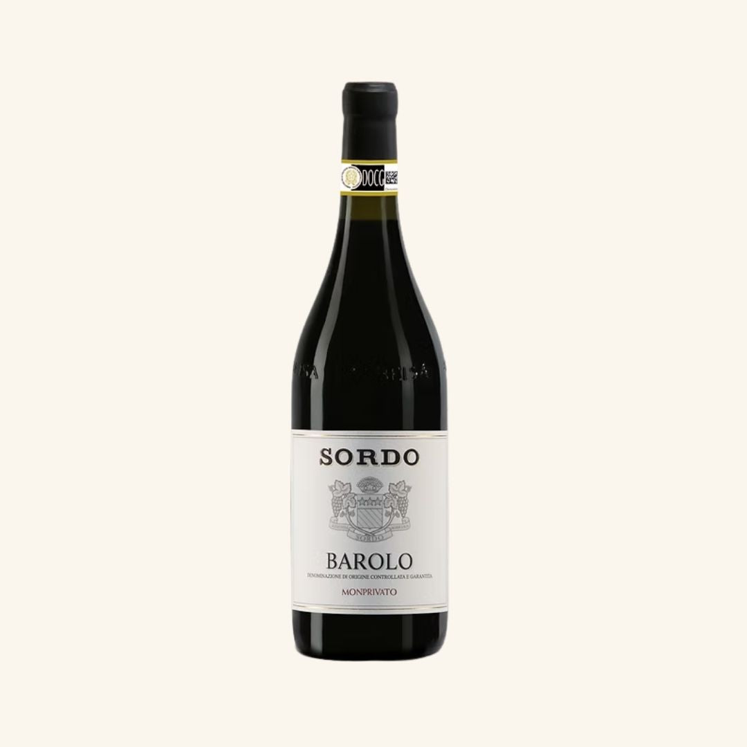 Red wine bottle with 'Sordo barolo monprivato' label on a white background