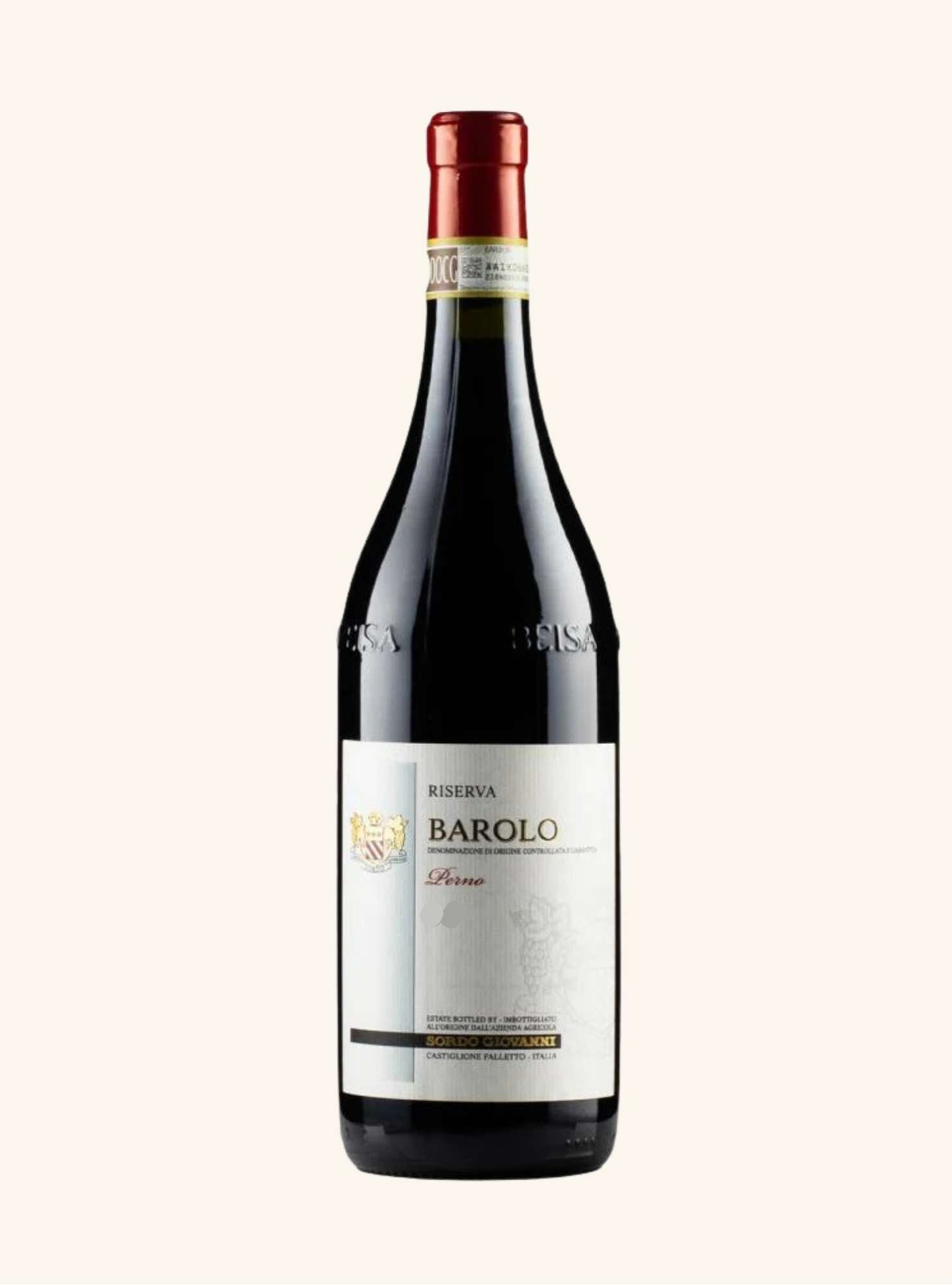 A bottle of Barolo Reserva red wine from the brand Sordo, featuring a dark glass bottle, a white label with gold lettering, and a red foil cap, set against a solid off-white background.