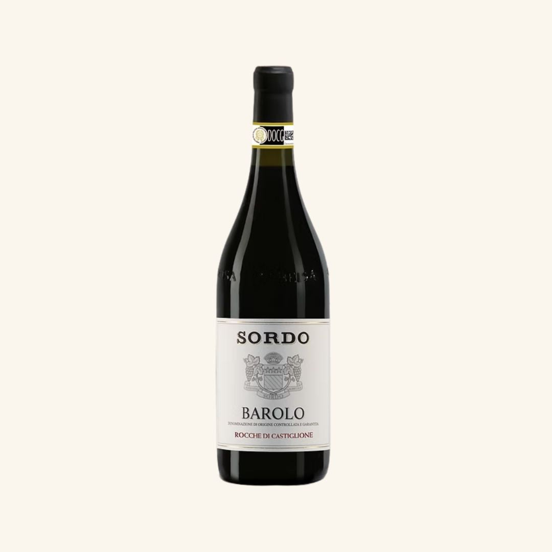 Wine bottle labeled 'Sordo Barolo rocche di castiglione' on a white background