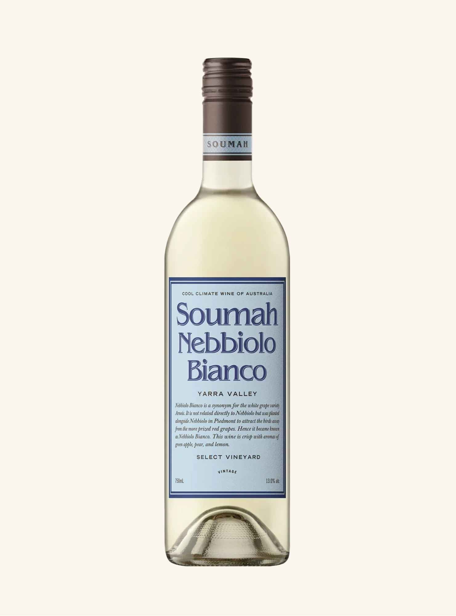 Bottle of Soumah Nebbiolo Bianco wine on a white background