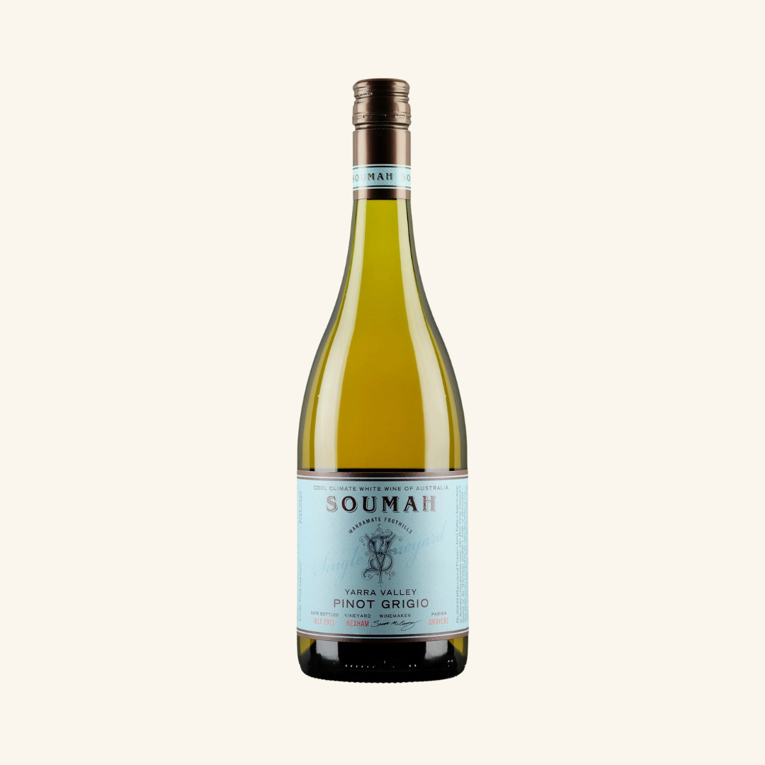 A bottle of Soumah Pinot Grigio wine with a label indicating it is from Yarra Valley, Victoria, Australia.