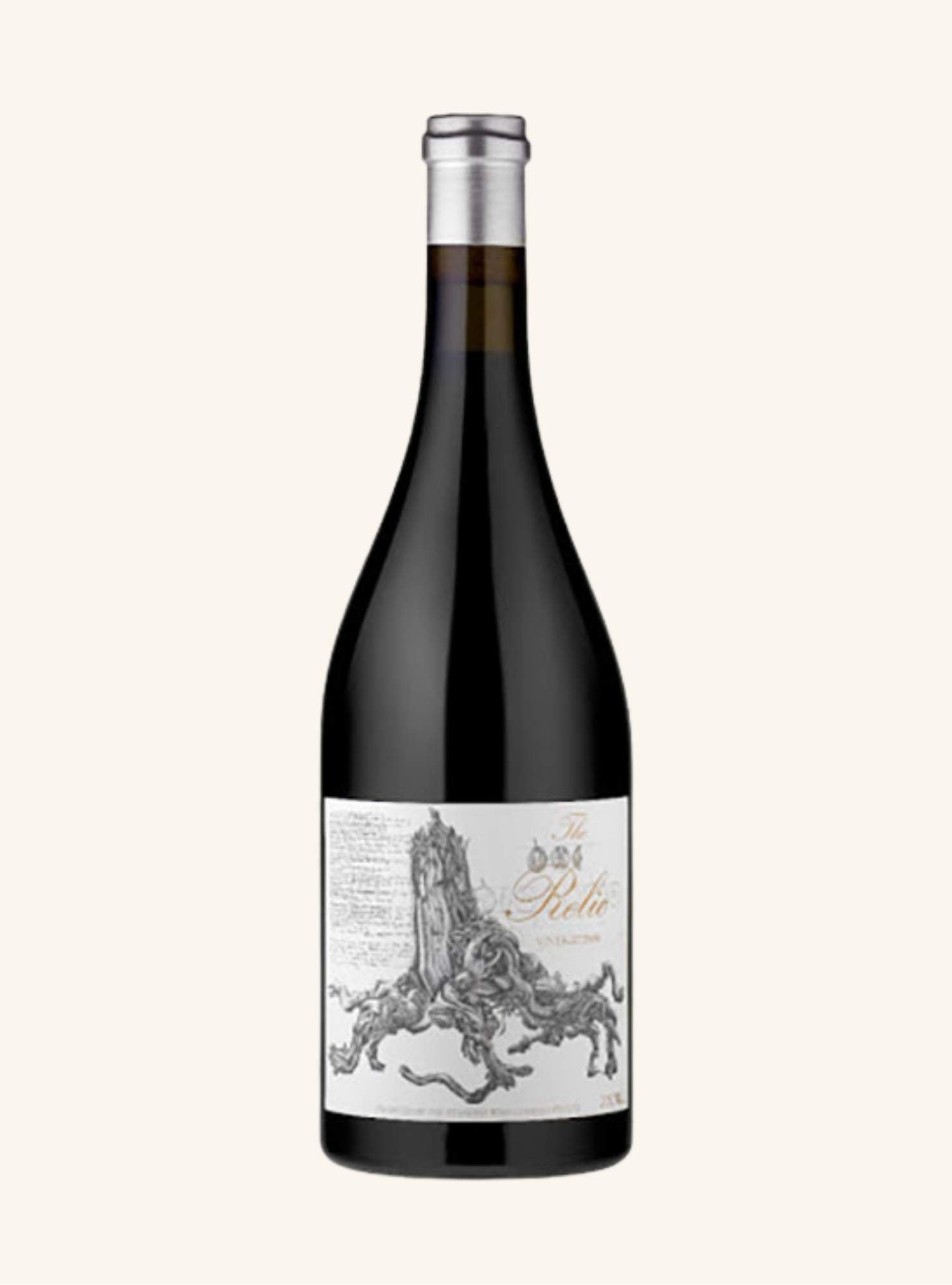 Wine bottle with a decorative label branded the relic on a white background