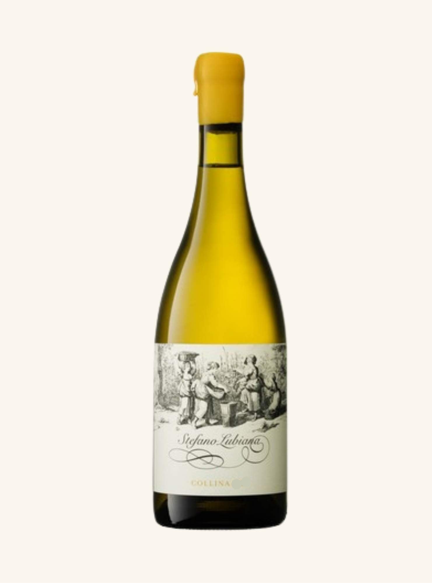 Wine bottle with a decorative label branded stefano lubiana collina on a white background