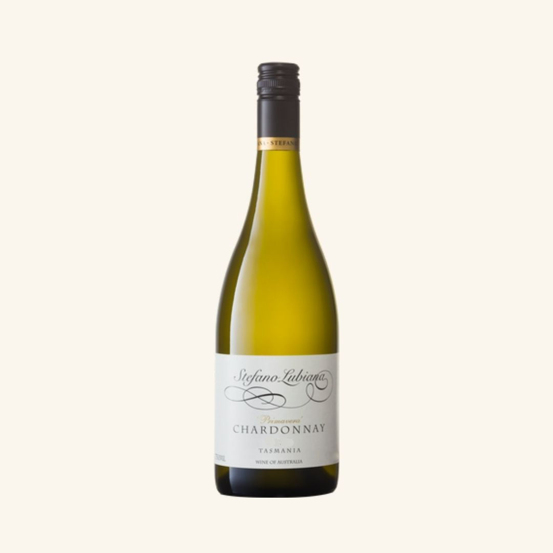 White wine bottle with a label branded stefano lubiana primavera chardonnay on a white background
