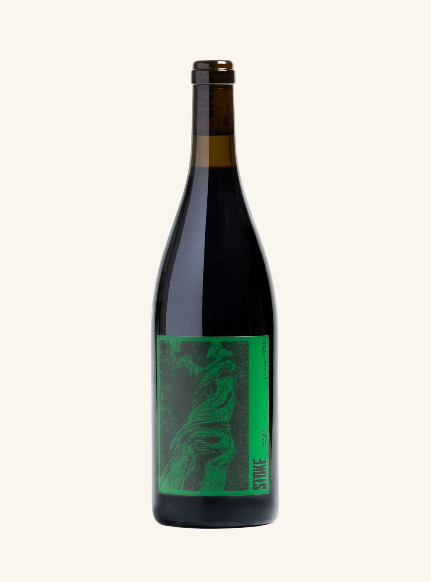 Wine bottle with green label branded Stoke Cabernet Malbec on a white background