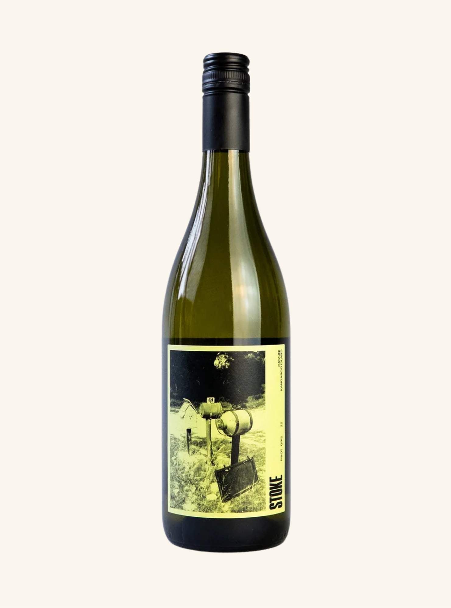 Wine bottle with a yellow label branded stoke on a white background