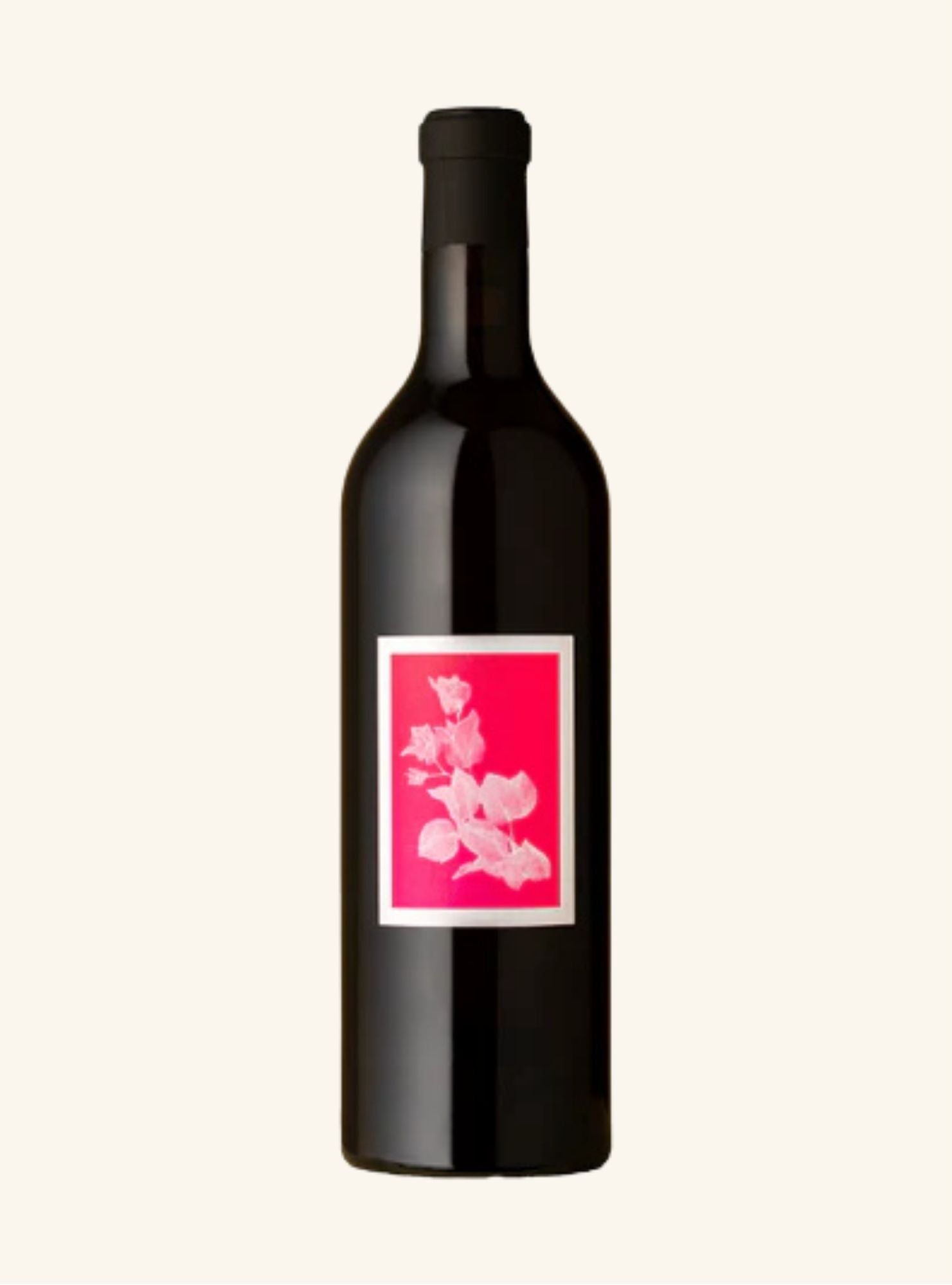 Wine bottle with a pink label featuring floral design on a white background