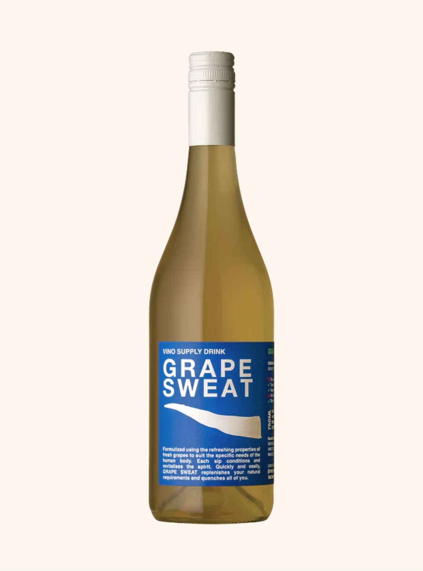 Bottle of Grape Sweat wine with a blue label on a white background
