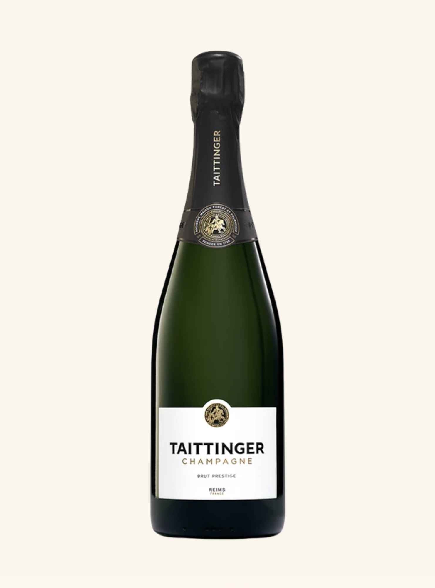bottle of taittinger champange with a white label and black foil, on a white background.