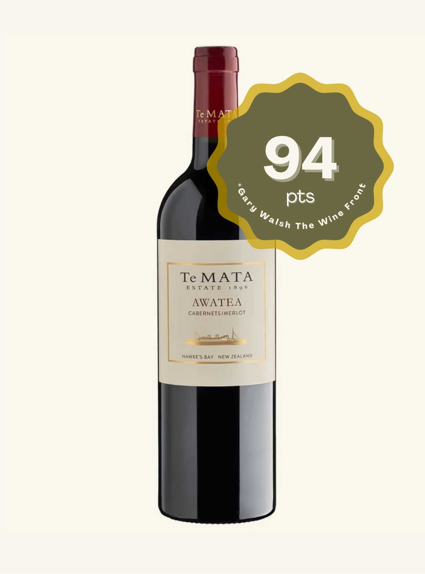 Te Mata Awatea wine bottle with a 94-point rating label on a white background