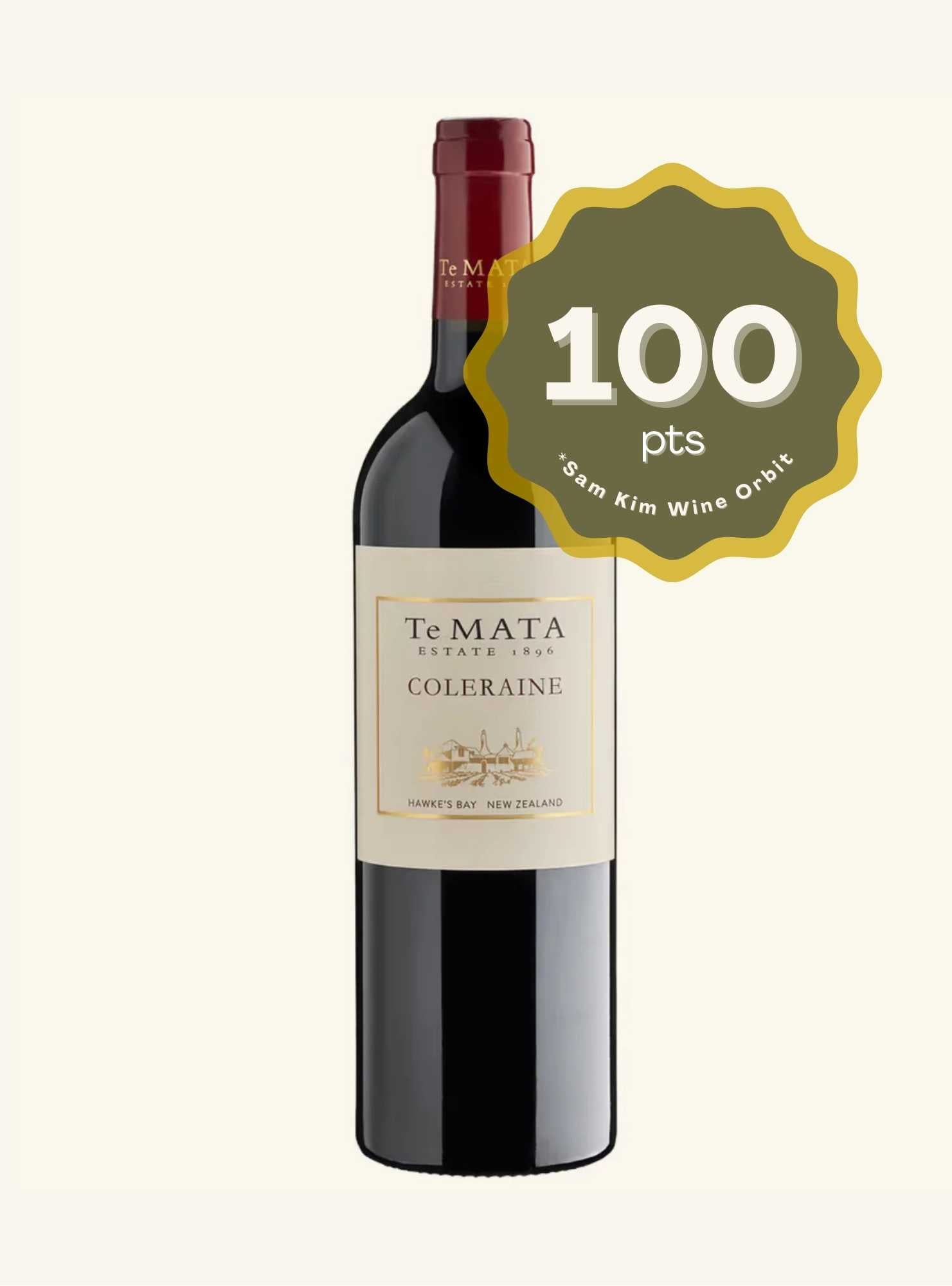 Te Mata Coleraine wine bottle with a 100-point rating from Sam Kim Wine Orbit on a white background