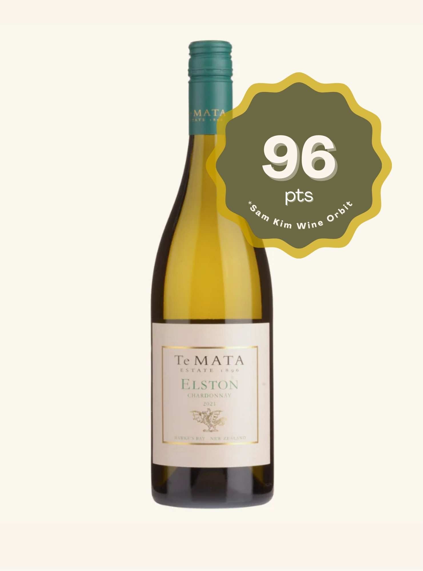 Te Mata wine bottle with a 96-point rating from Sam Kim Wine Orbit on a white background